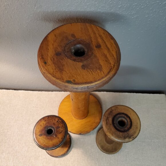 Vintage Wooden Textile Spools Primitive Home Decor Set of 3 Huge Medium Small - Picture 2 of 11